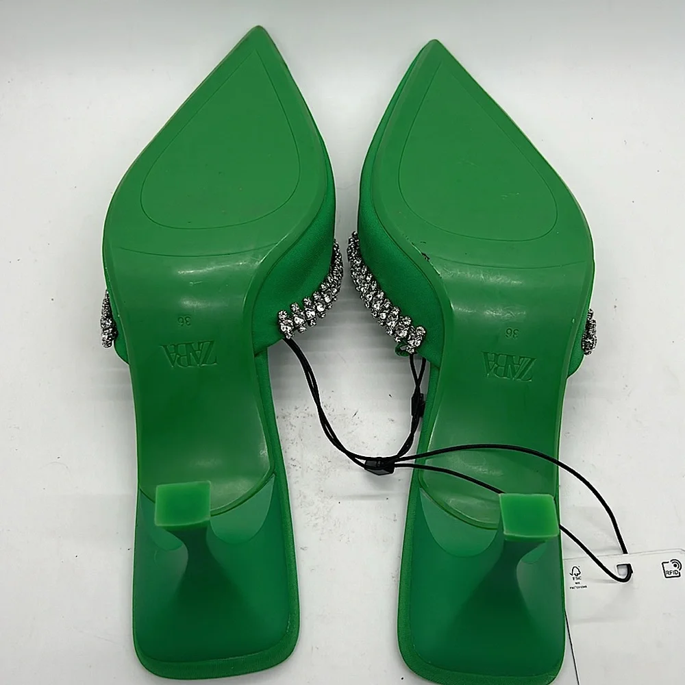 Zara NWT Emerald Green Rhinestones Heels Sandals Shoes **Size 36/US 6**💚💚 - Picture 7 of 7